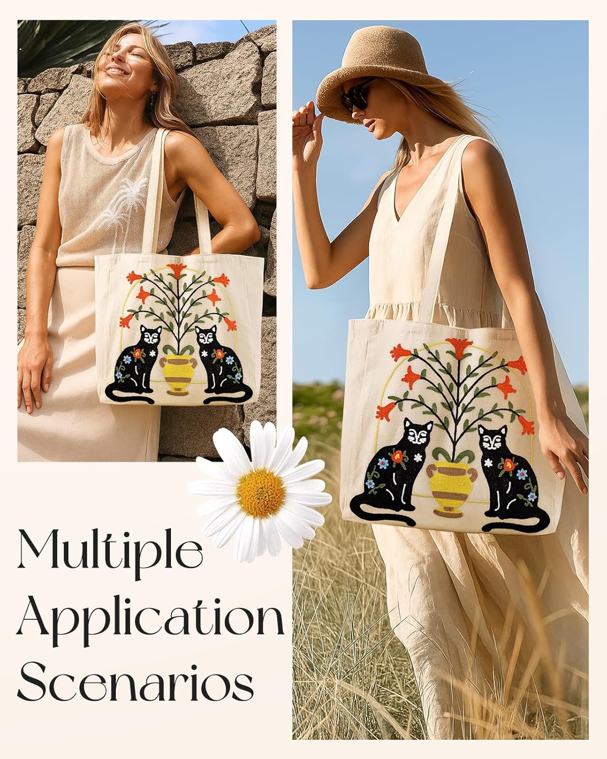 image:imageMiss Adola Embroidery Tote Bag with Pocket amp Buckle Reusable Canvas Tote for Women Cute Aesthetic Work Shopping Grocery BagCat