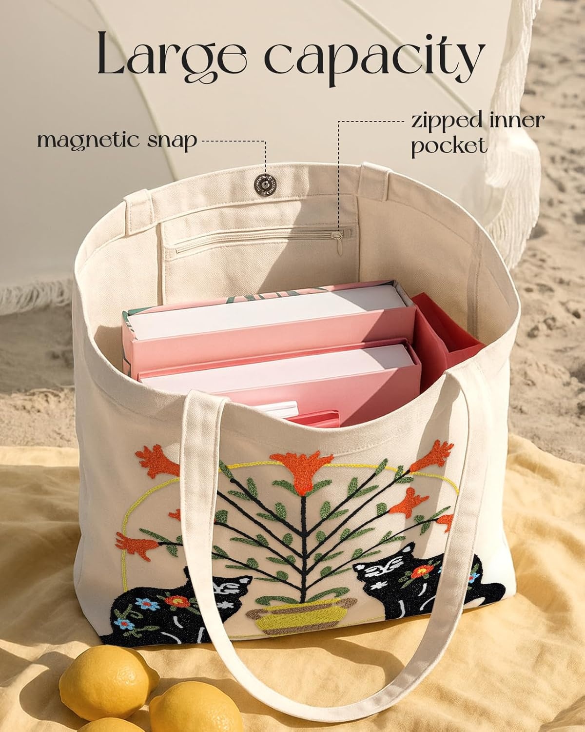 image:imageMiss Adola Embroidery Tote Bag with Pocket amp Buckle Reusable Canvas Tote for Women Cute Aesthetic Work Shopping Grocery BagCat