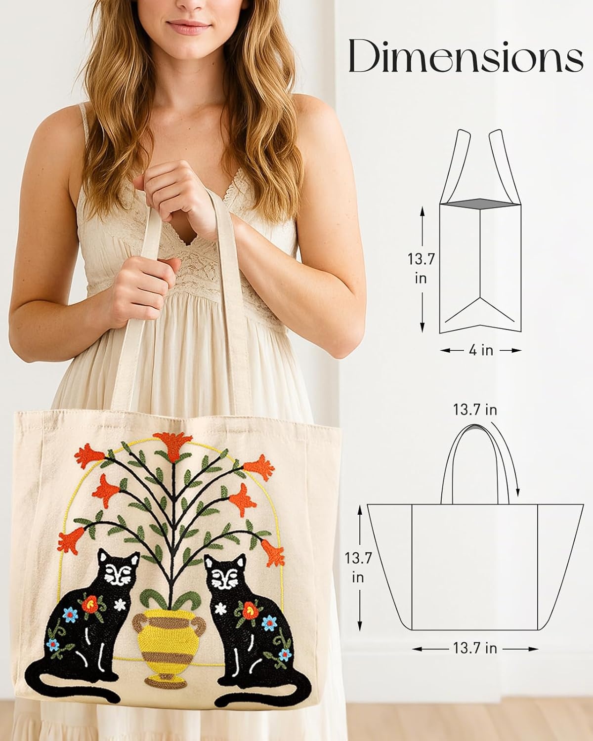 image:imageMiss Adola Embroidery Tote Bag with Pocket amp Buckle Reusable Canvas Tote for Women Cute Aesthetic Work Shopping Grocery BagCat