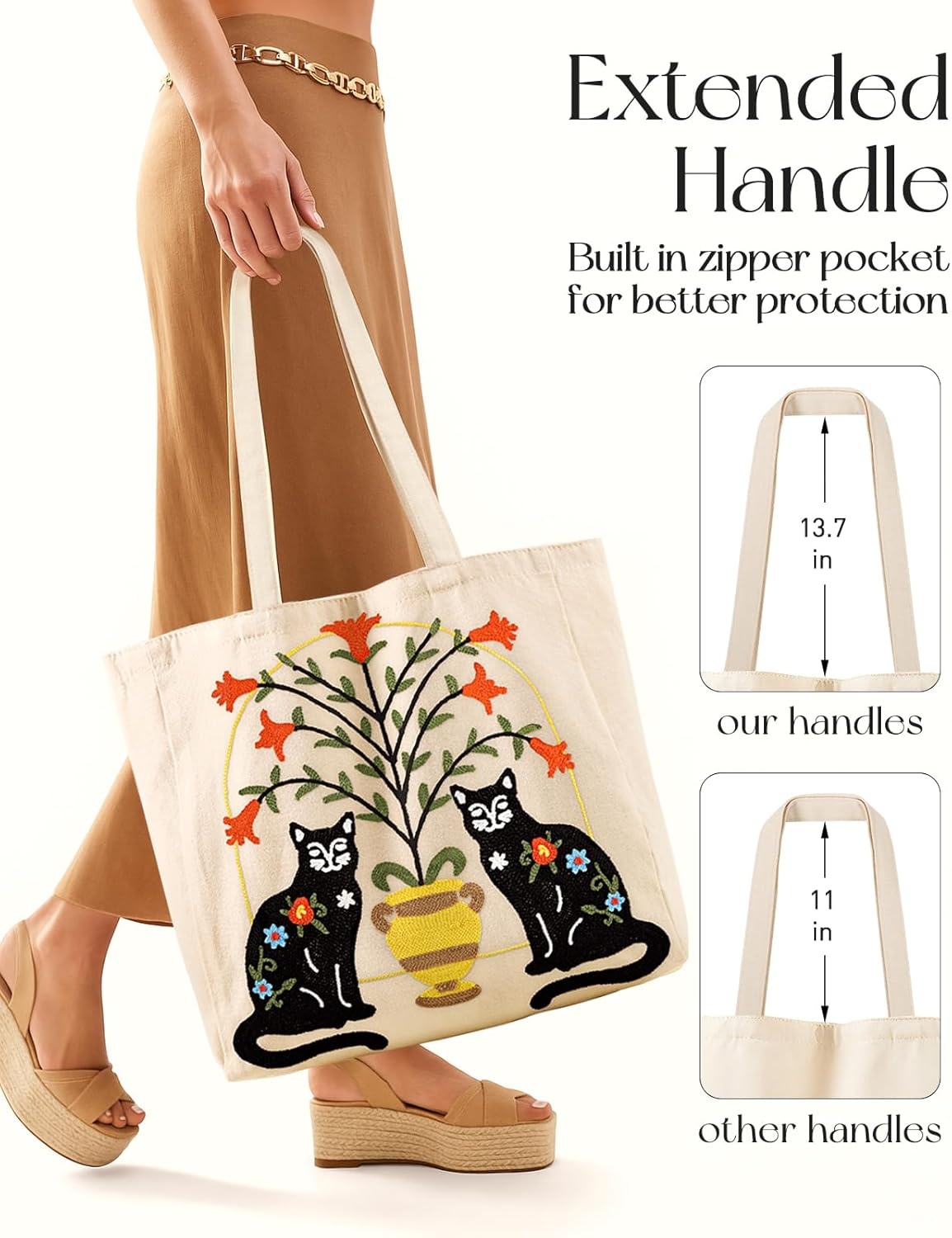 image:imageMiss Adola Embroidery Tote Bag with Pocket amp Buckle Reusable Canvas Tote for Women Cute Aesthetic Work Shopping Grocery BagCat