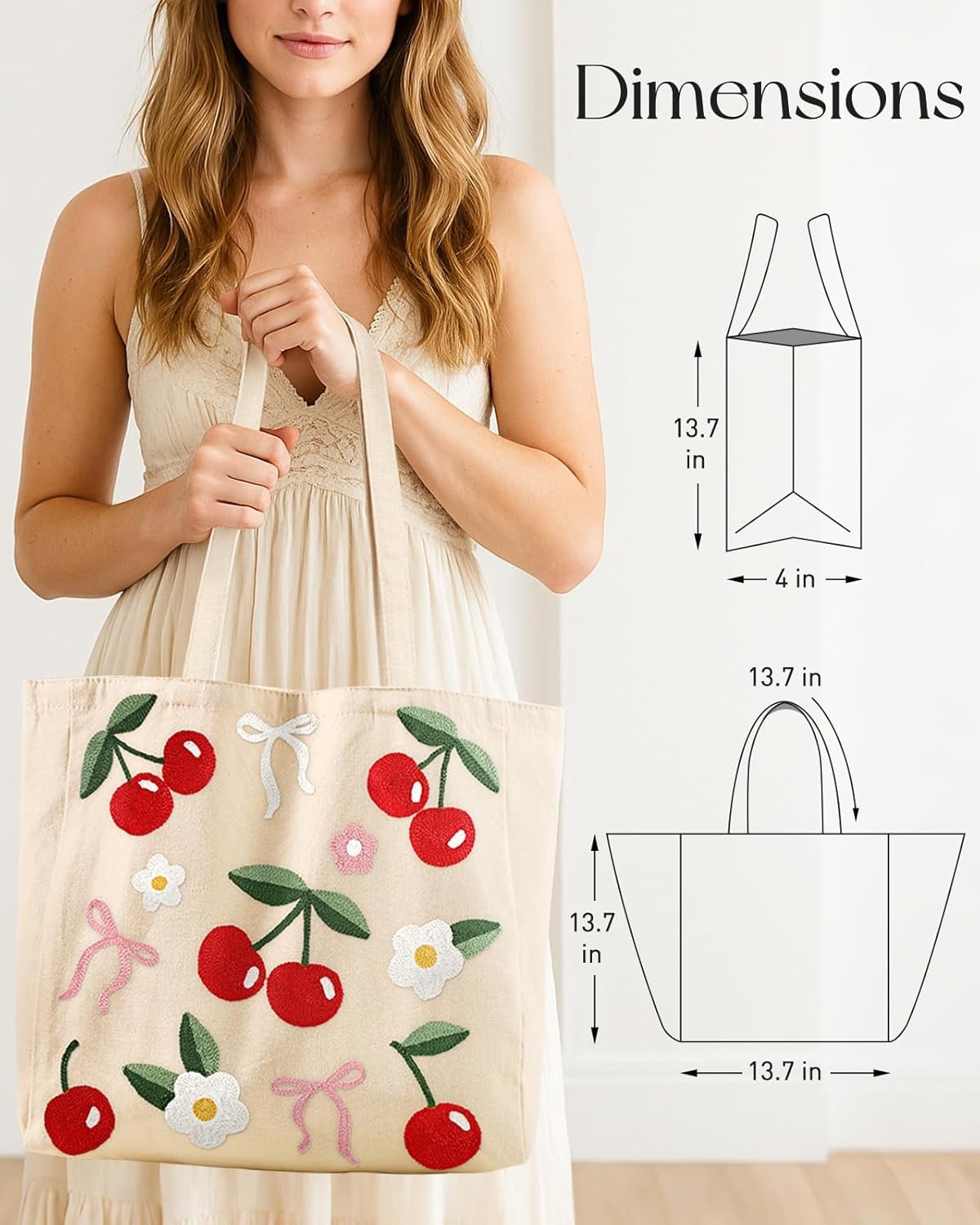 image:imageMiss Adola Embroidery Tote Bag with Pocket amp Buckle Reusable Canvas Tote for Women Cute Aesthetic Work Shopping Grocery BagCherry