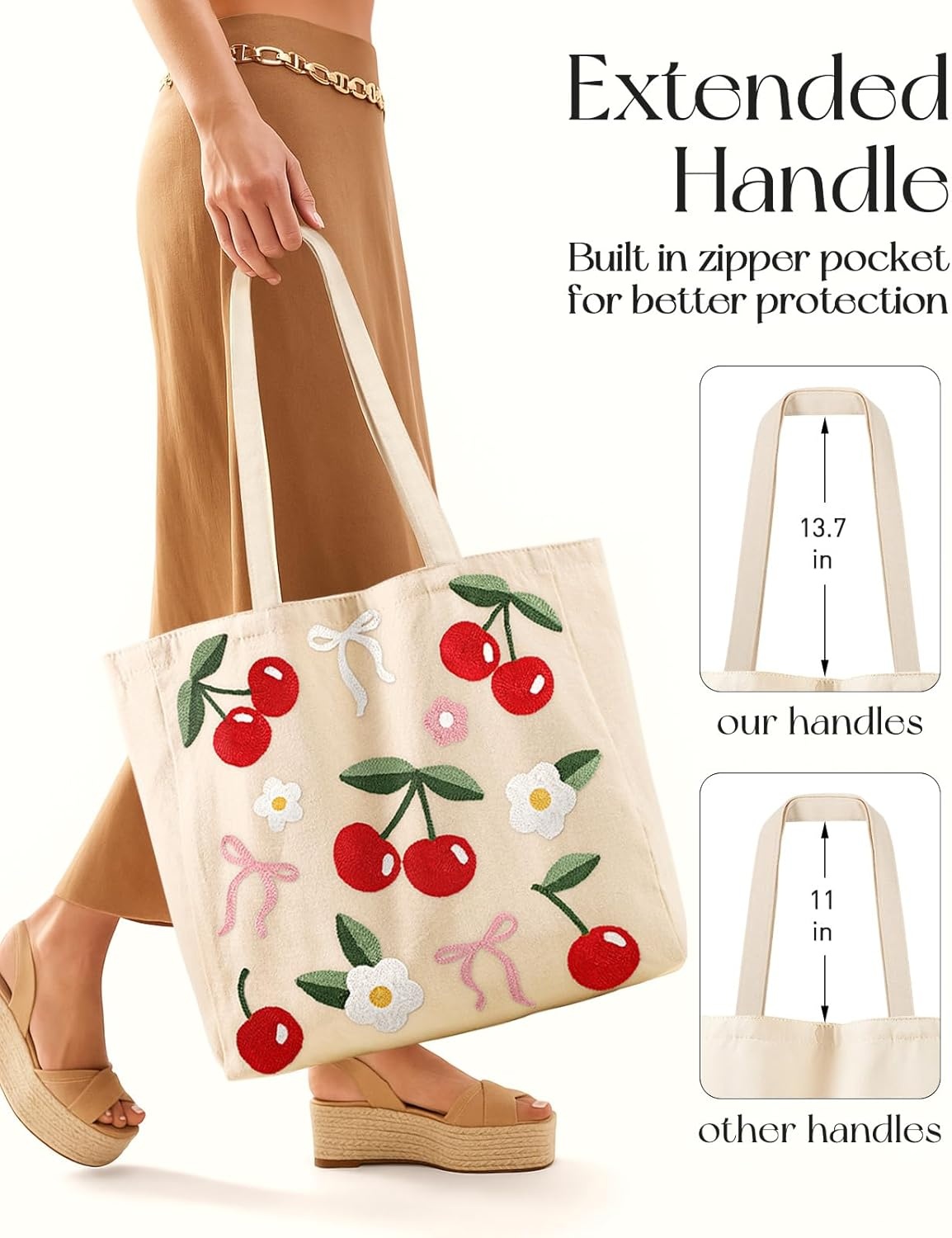 image:imageMiss Adola Embroidery Tote Bag with Pocket amp Buckle Reusable Canvas Tote for Women Cute Aesthetic Work Shopping Grocery BagCherry