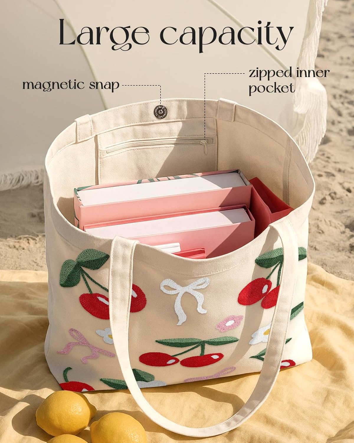 image:imageMiss Adola Embroidery Tote Bag with Pocket amp Buckle Reusable Canvas Tote for Women Cute Aesthetic Work Shopping Grocery BagCherry