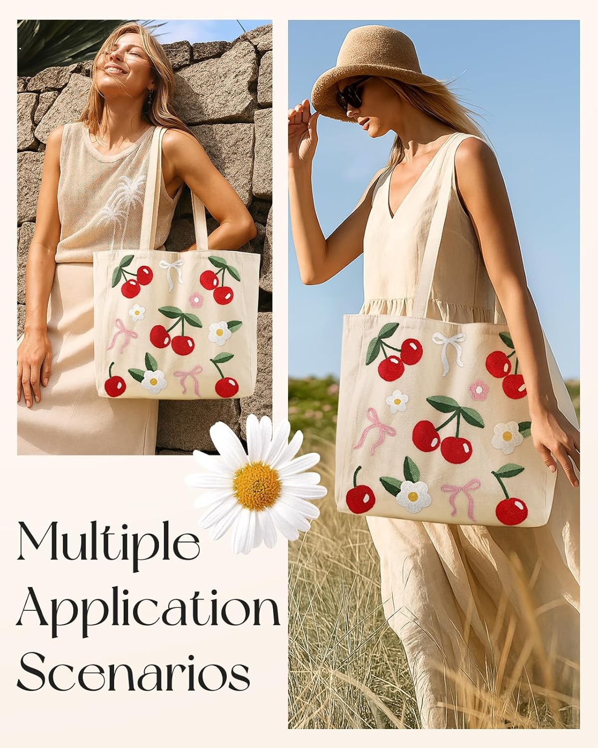 image:imageMiss Adola Embroidery Tote Bag with Pocket amp Buckle Reusable Canvas Tote for Women Cute Aesthetic Work Shopping Grocery BagCherry