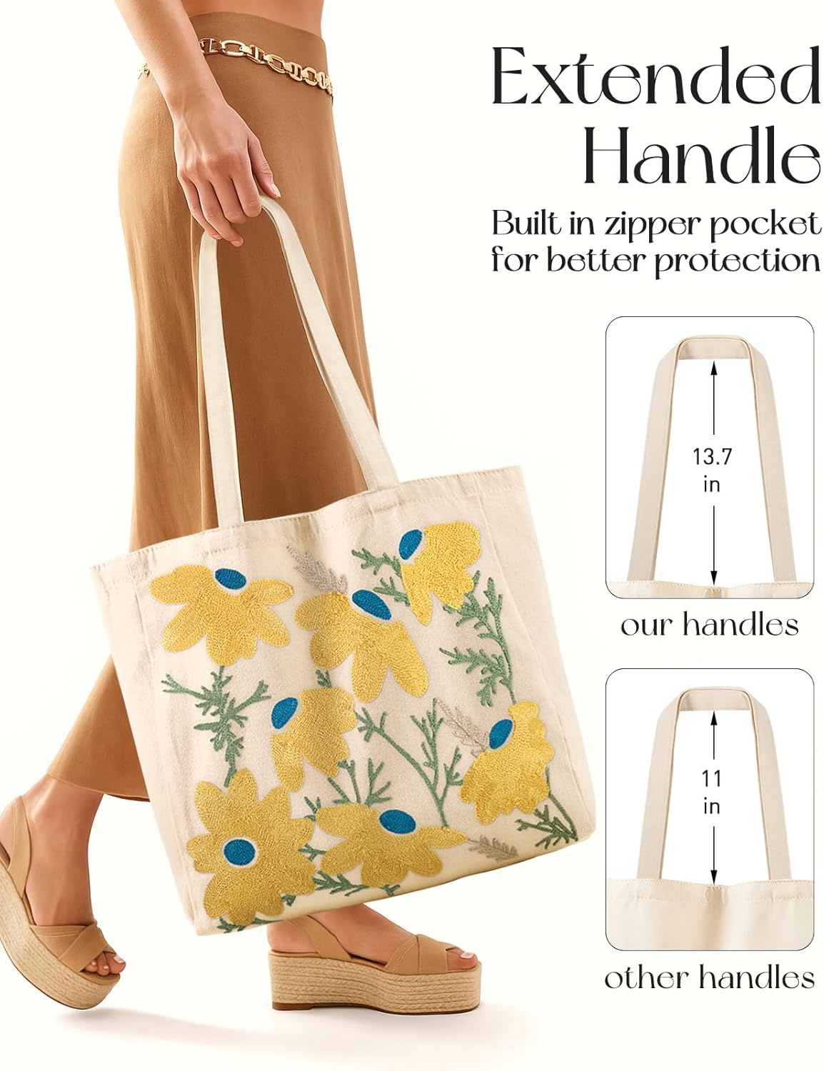image:imageMiss Adola Embroidery Tote Bag with Pocket amp Buckle Reusable Canvas Tote for Women Cute Aesthetic Work Shopping Grocery BagDaisy