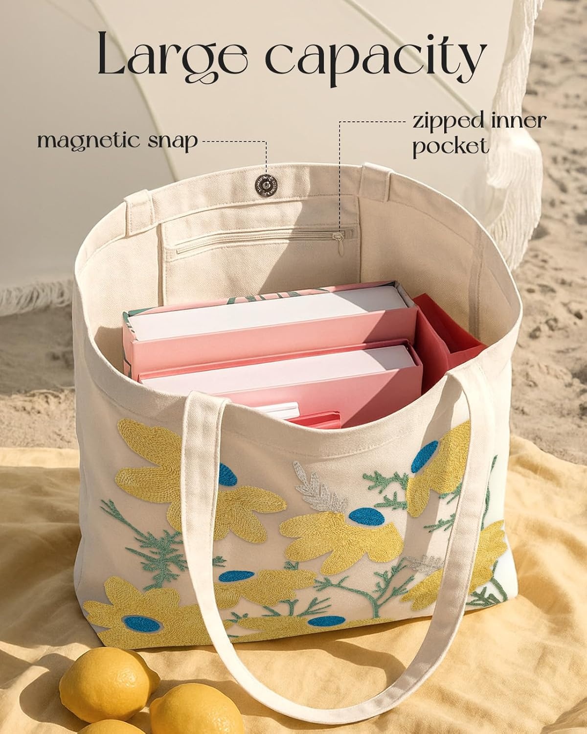 image:imageMiss Adola Embroidery Tote Bag with Pocket amp Buckle Reusable Canvas Tote for Women Cute Aesthetic Work Shopping Grocery BagDaisy