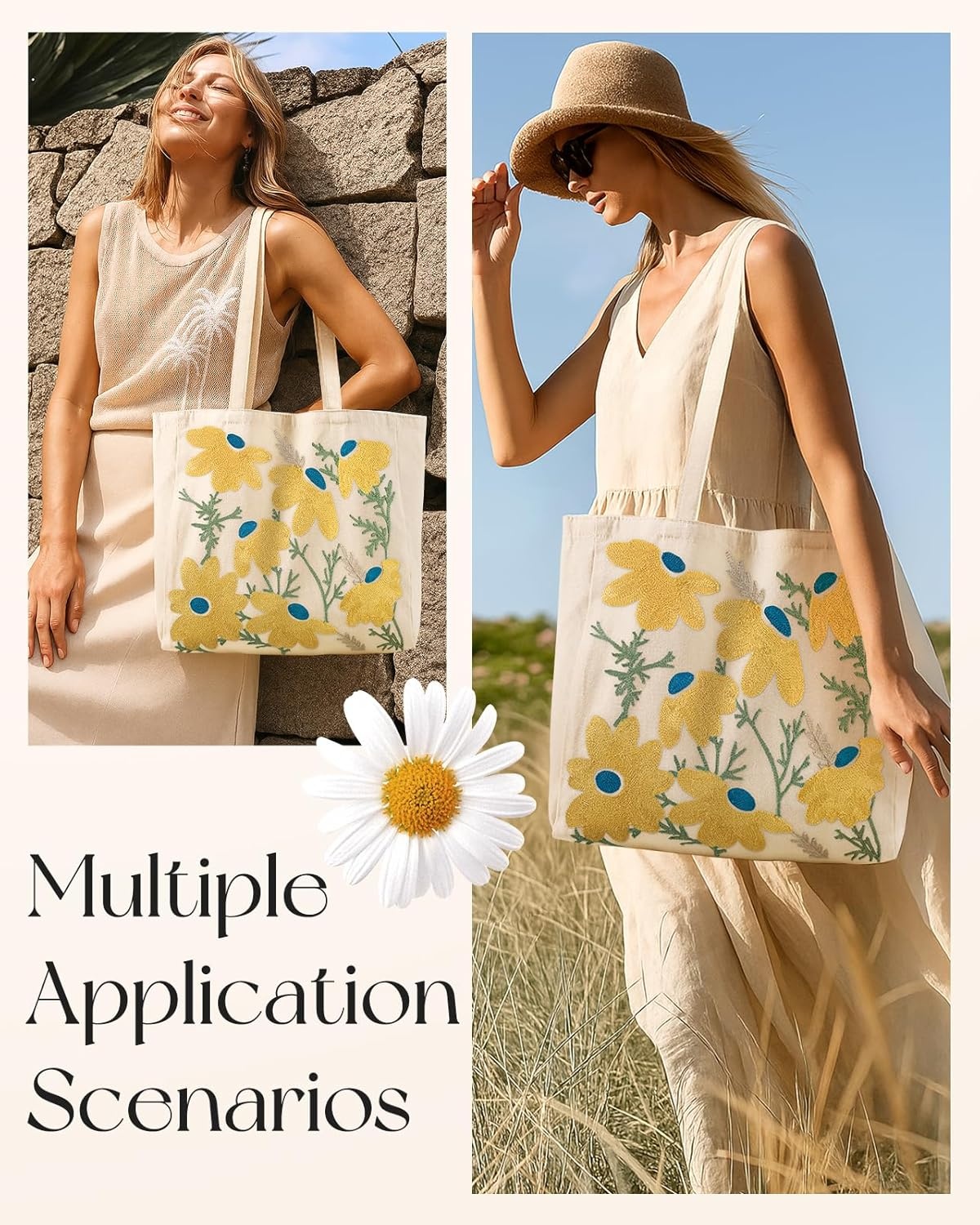 image:imageMiss Adola Embroidery Tote Bag with Pocket amp Buckle Reusable Canvas Tote for Women Cute Aesthetic Work Shopping Grocery BagDaisy