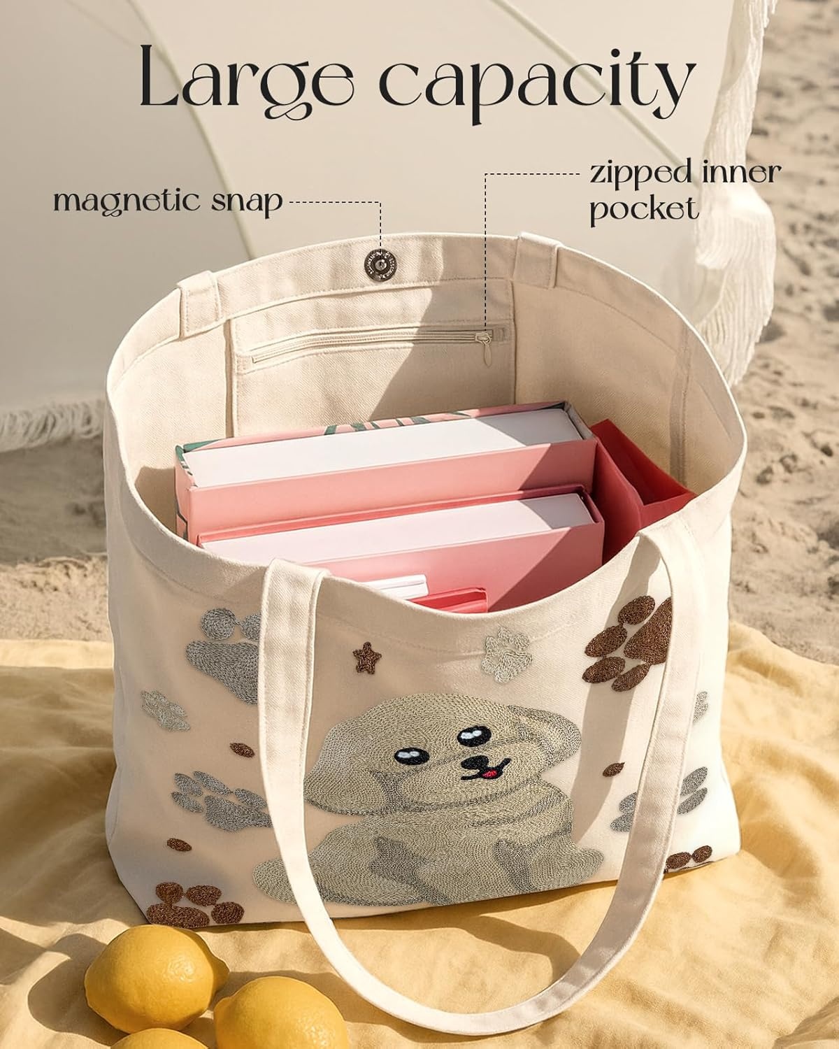 image:imageMiss Adola Embroidery Tote Bag with Pocket amp Buckle Reusable Canvas Tote for Women Cute Aesthetic Work Shopping Grocery BagDog