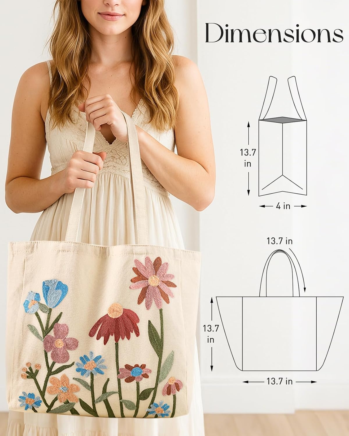 image:imageMiss Adola Embroidery Tote Bag with Pocket amp Buckle Reusable Canvas Tote for Women Cute Aesthetic Work Shopping Grocery BagFloral