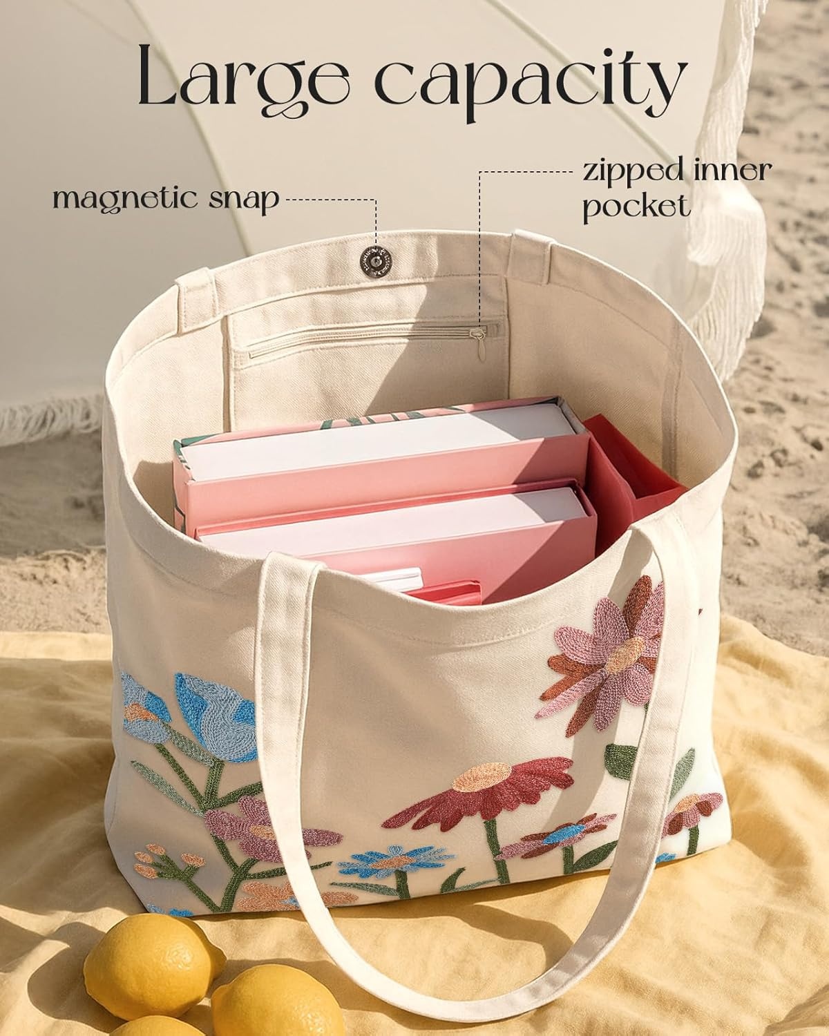 image:imageMiss Adola Embroidery Tote Bag with Pocket amp Buckle Reusable Canvas Tote for Women Cute Aesthetic Work Shopping Grocery BagFloral