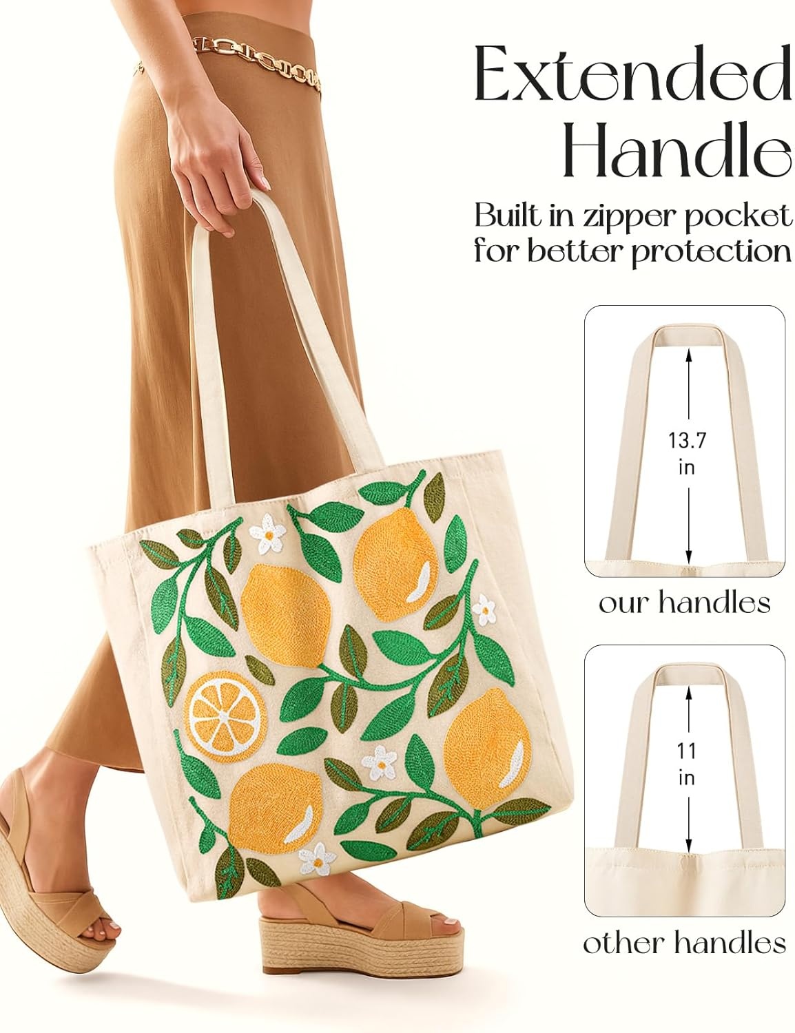 image:imageMiss Adola Embroidery Tote Bag with Pocket amp Buckle Reusable Canvas Tote for Women Cute Aesthetic Work Shopping Grocery BagLemon