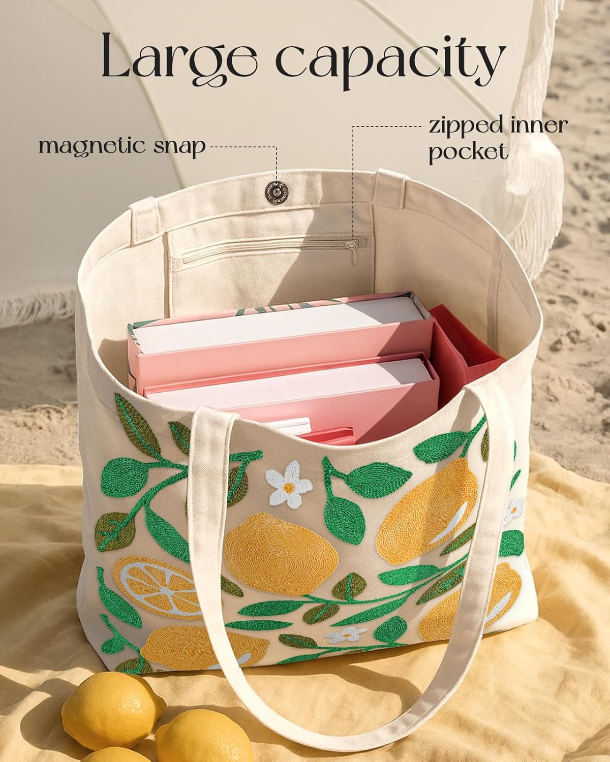 image:imageMiss Adola Embroidery Tote Bag with Pocket amp Buckle Reusable Canvas Tote for Women Cute Aesthetic Work Shopping Grocery BagLemon