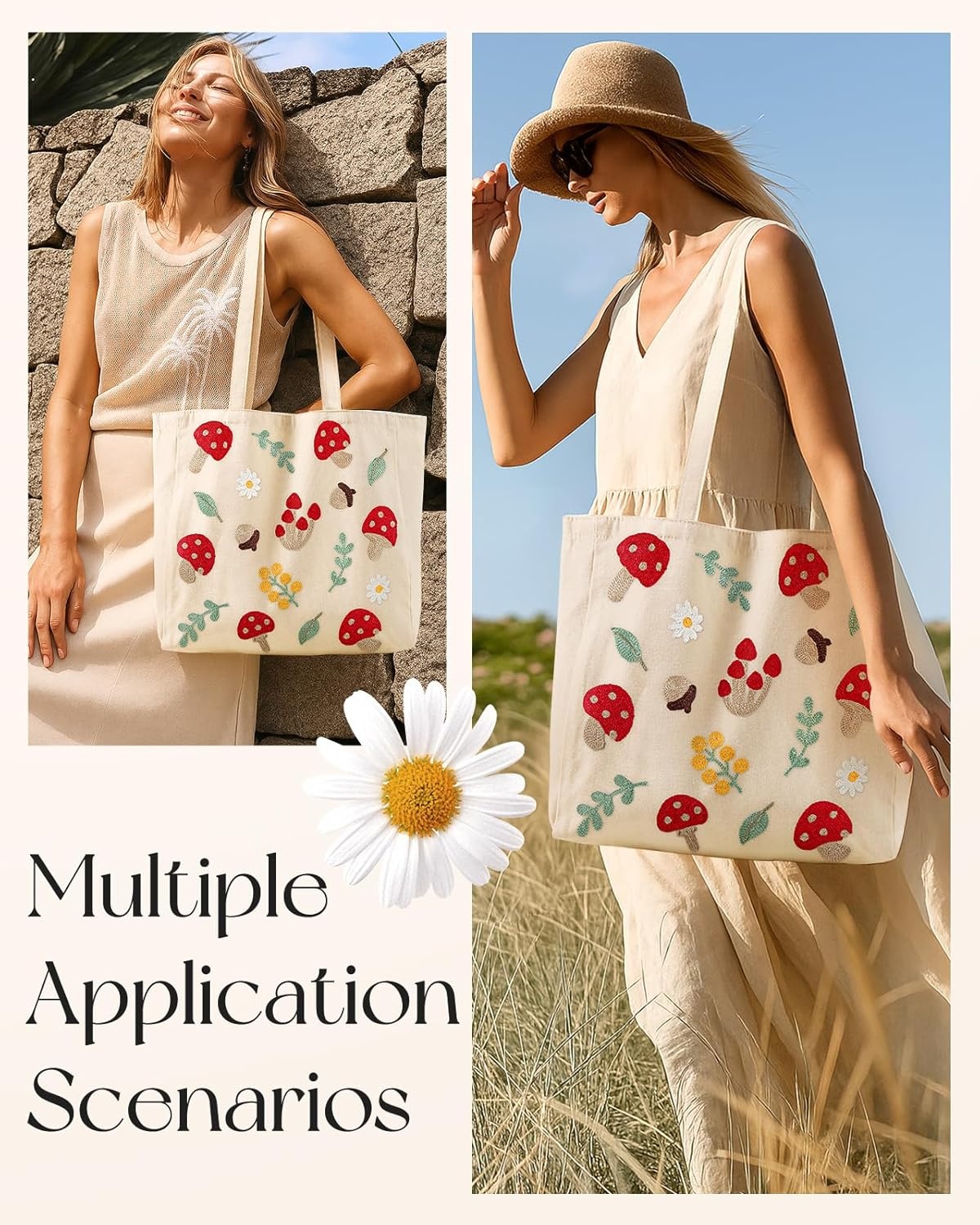 image:imageMiss Adola Embroidery Tote Bag with Pocket amp Buckle Reusable Canvas Tote for Women Cute Aesthetic Work Shopping Grocery BagShiitake