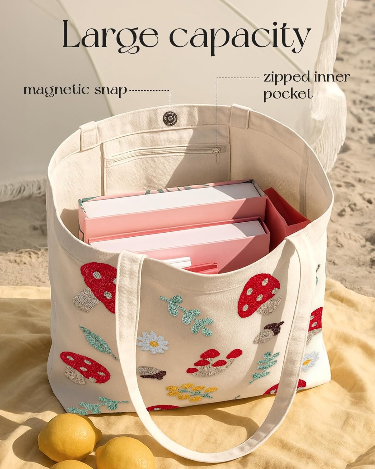 image:imageMiss Adola Embroidery Tote Bag with Pocket amp Buckle Reusable Canvas Tote for Women Cute Aesthetic Work Shopping Grocery BagShiitake