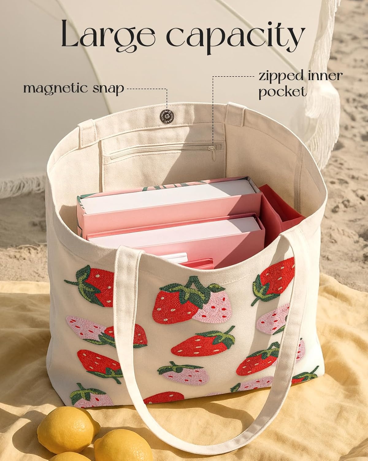 image:imageMiss Adola Embroidery Tote Bag with Pocket amp Buckle Reusable Canvas Tote for Women Cute Aesthetic Work Shopping Grocery BagStrawberry