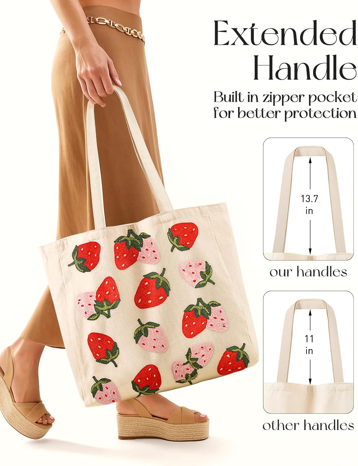 image:imageMiss Adola Embroidery Tote Bag with Pocket amp Buckle Reusable Canvas Tote for Women Cute Aesthetic Work Shopping Grocery BagStrawberry