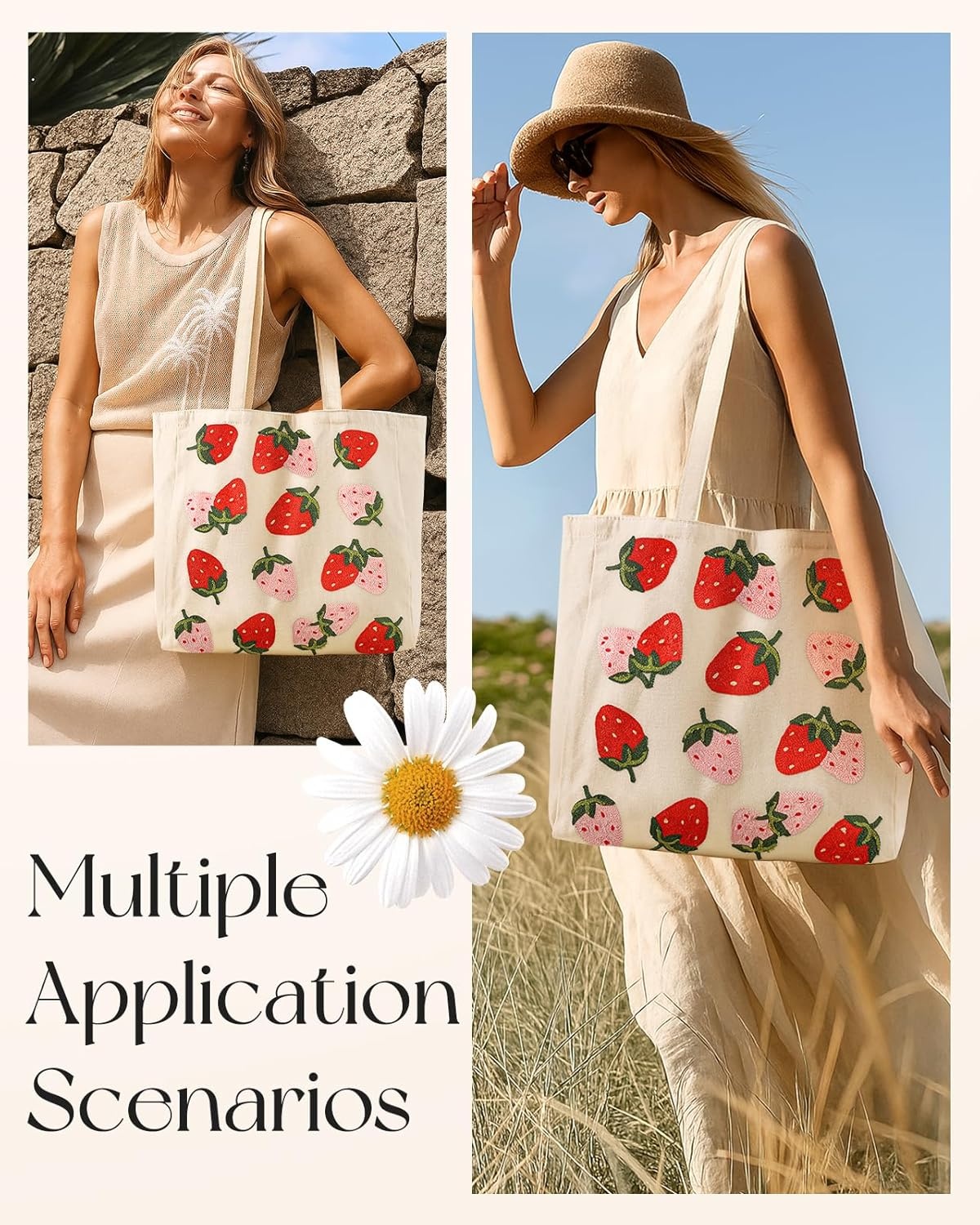 image:imageMiss Adola Embroidery Tote Bag with Pocket amp Buckle Reusable Canvas Tote for Women Cute Aesthetic Work Shopping Grocery BagStrawberry