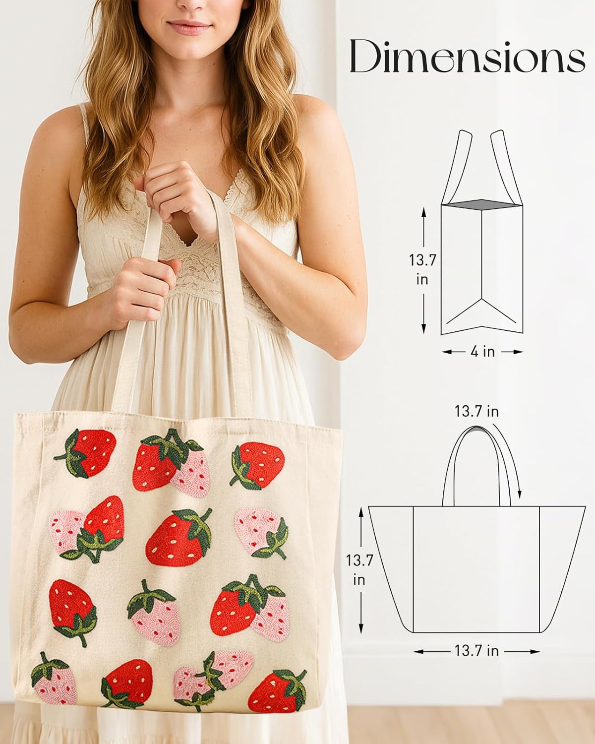 image:imageMiss Adola Embroidery Tote Bag with Pocket amp Buckle Reusable Canvas Tote for Women Cute Aesthetic Work Shopping Grocery BagStrawberry