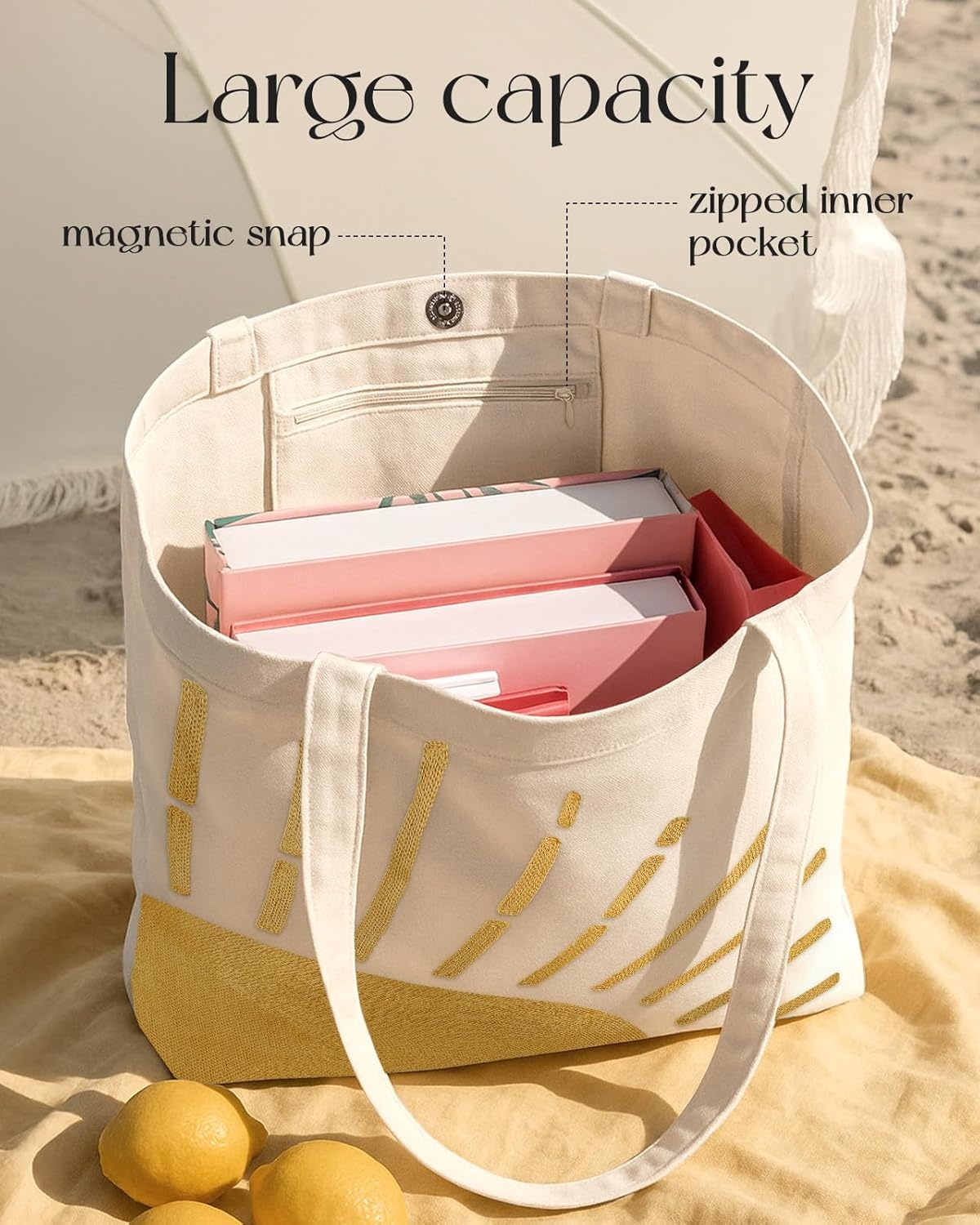 image:imageMiss Adola Embroidery Tote Bag with Pocket amp Buckle Reusable Canvas Tote for Women Cute Aesthetic Work Shopping Grocery BagSun