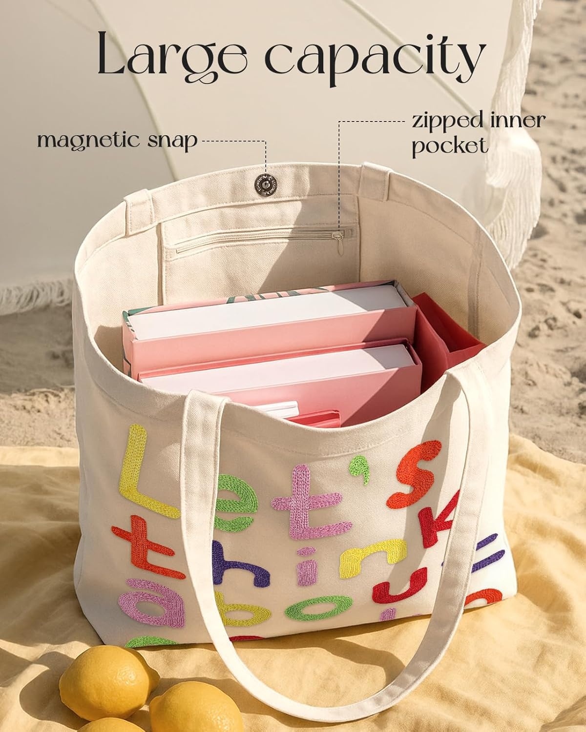image:imageMiss Adola Embroidery Tote Bag with Pocket amp Buckle Reusable Canvas Tote for Women Cute Aesthetic Work Shopping Grocery BagWord