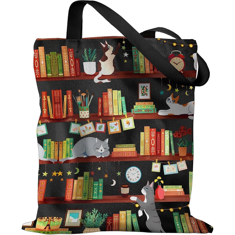 image:imageMiss Adola Aesthetic Canvas Tote Bag Reusable Shoulder Tote Bag for Women Lady Casual Vacation Shopping Work GymBookshelf Cats