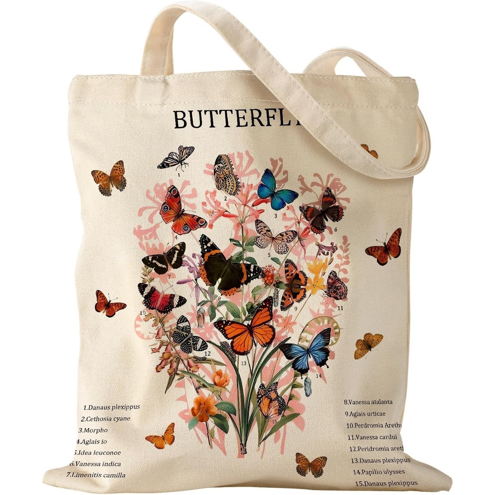 image:imageMiss Adola Aesthetic Canvas Tote Bag Reusable Shoulder Tote Bag for Women Lady Casual Vacation Shopping Work GymElegant Butterfly
