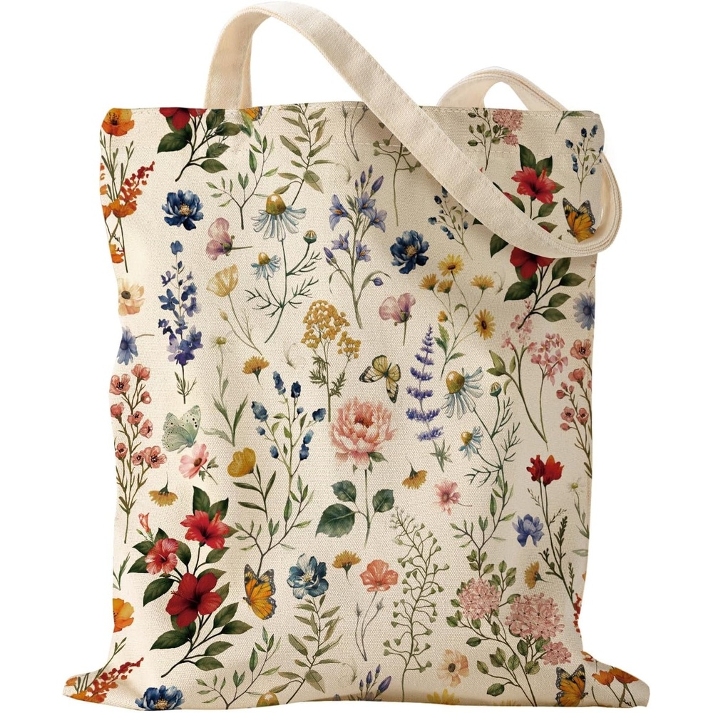 image:imageMiss Adola Aesthetic Canvas Tote Bag Reusable Shoulder Tote Bag for Women Lady Casual Vacation Shopping Work GymFlowering Shrub