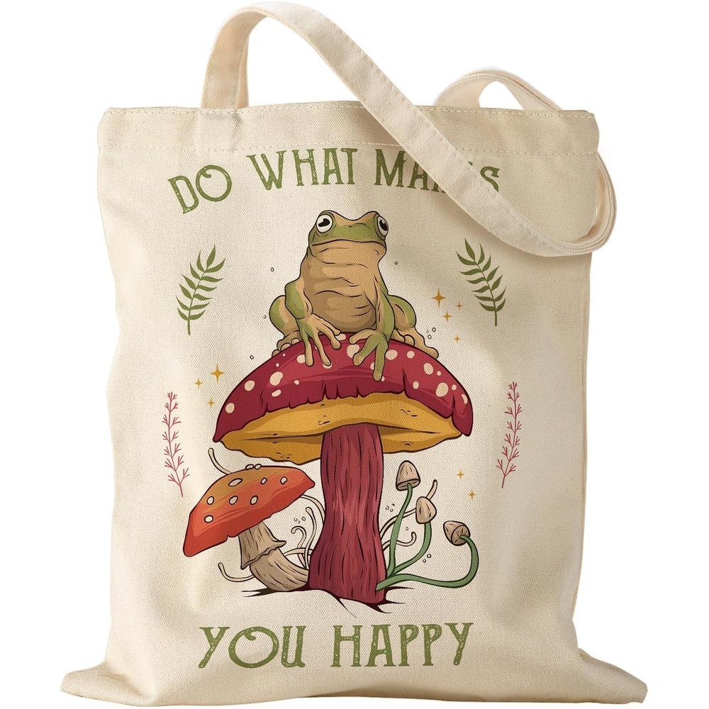 image:imageMiss Adola Aesthetic Canvas Tote Bag Reusable Shoulder Tote Bag for Women Lady Casual Vacation Shopping Work GymMushroom Frog