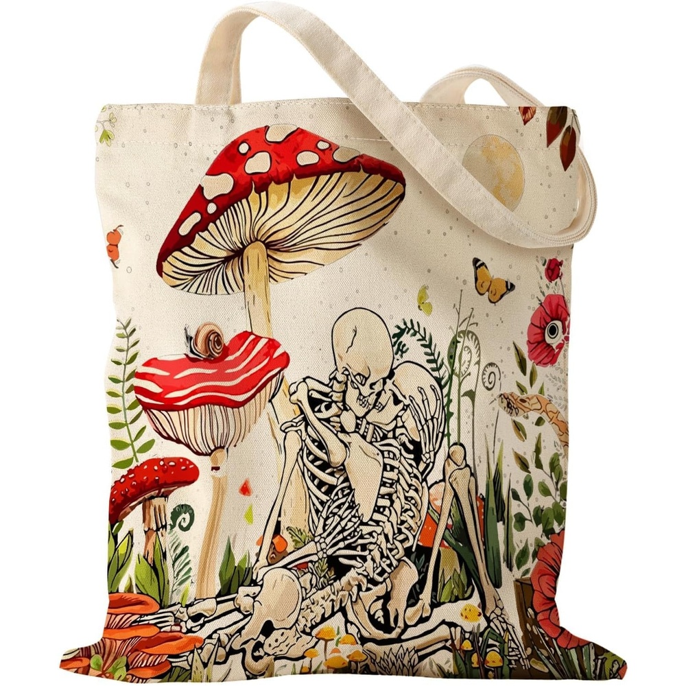 image:imageMiss Adola Aesthetic Canvas Tote Bag Reusable Shoulder Tote Bag for Women Lady Casual Vacation Shopping Work GymMushroom Skeleton