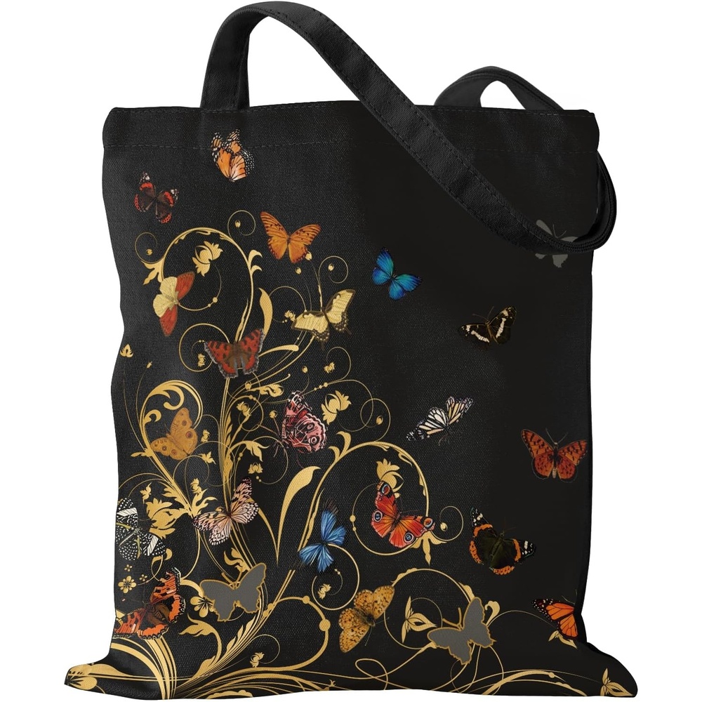 image:imageMiss Adola Aesthetic Canvas Tote Bag Reusable Shoulder Tote Bag for Women Lady Casual Vacation Shopping Work GymVine Butterflies