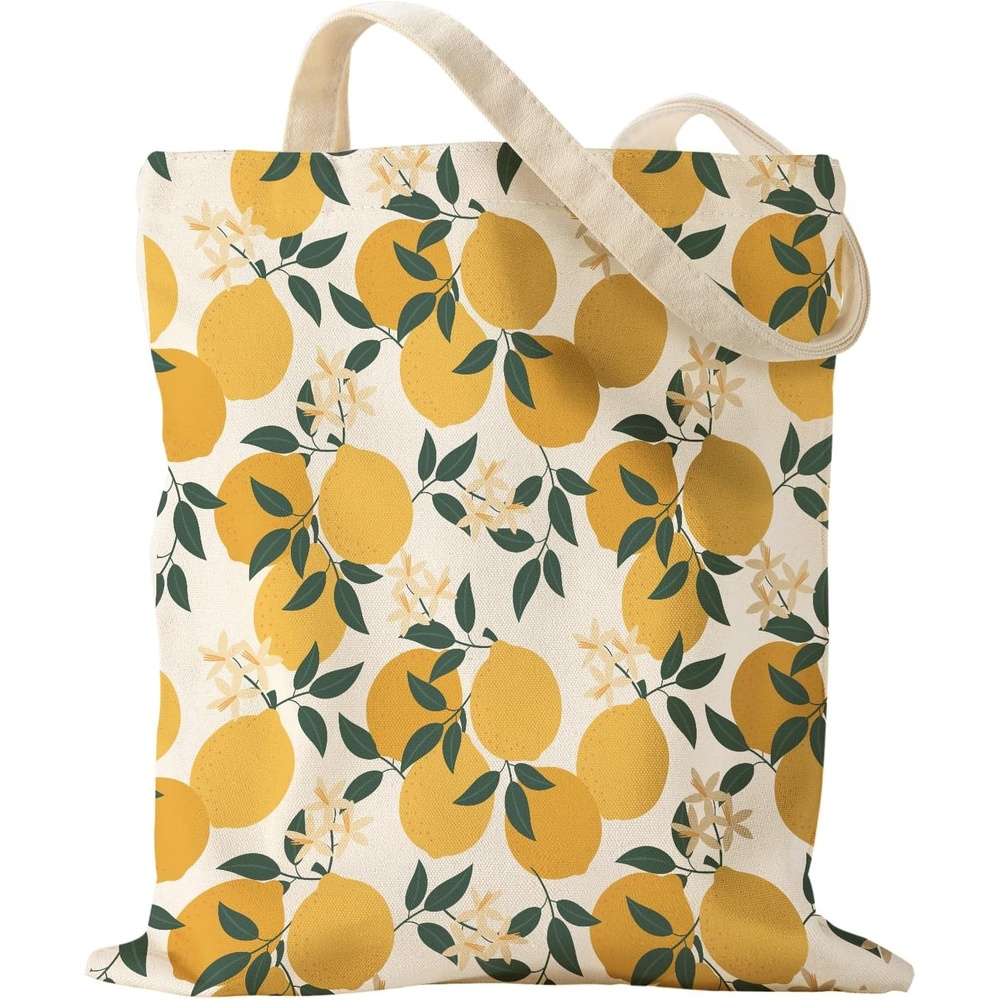 image:imageMiss Adola Aesthetic Canvas Tote Bag for Women Sturdy Cloth Cotton Totes Bag with Pattern Shoulder Bag for Shopping Grocery Gym Lemon