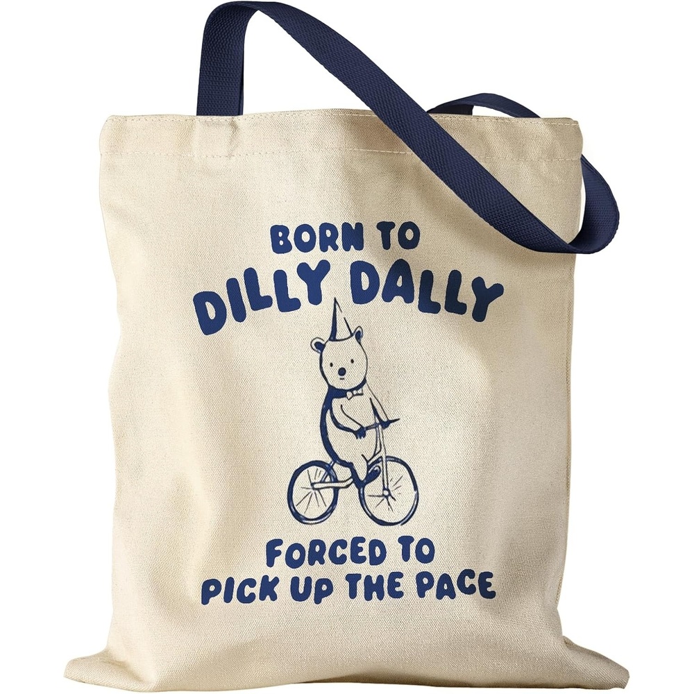 image:imageMiss Adola Aesthetic Canvas Tote Bag for Women Sturdy Cloth Cotton Totes Bag with Pattern Shoulder BagCycling Bear