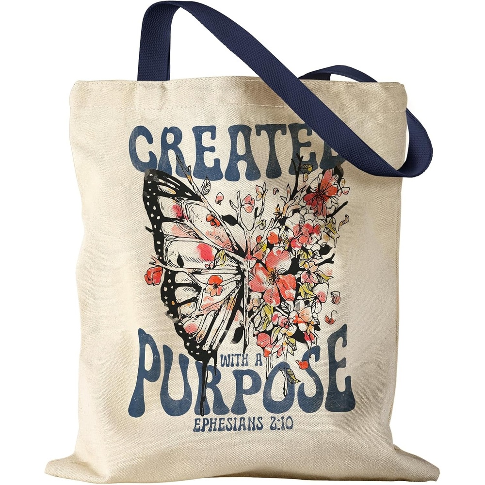 image:imageMiss Adola Aesthetic Canvas Tote Bag for Women Sturdy Cloth Cotton Totes Bag with Pattern Shoulder BagFlower Butterfly