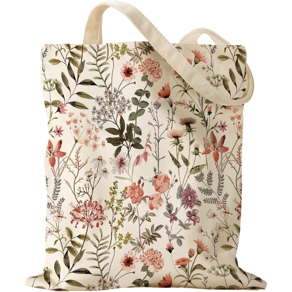 image:imageMiss Adola Aesthetic Canvas Tote Bag for Women Sturdy Cloth Cotton Totes Bag with Pattern Shoulder BagFlower Floral