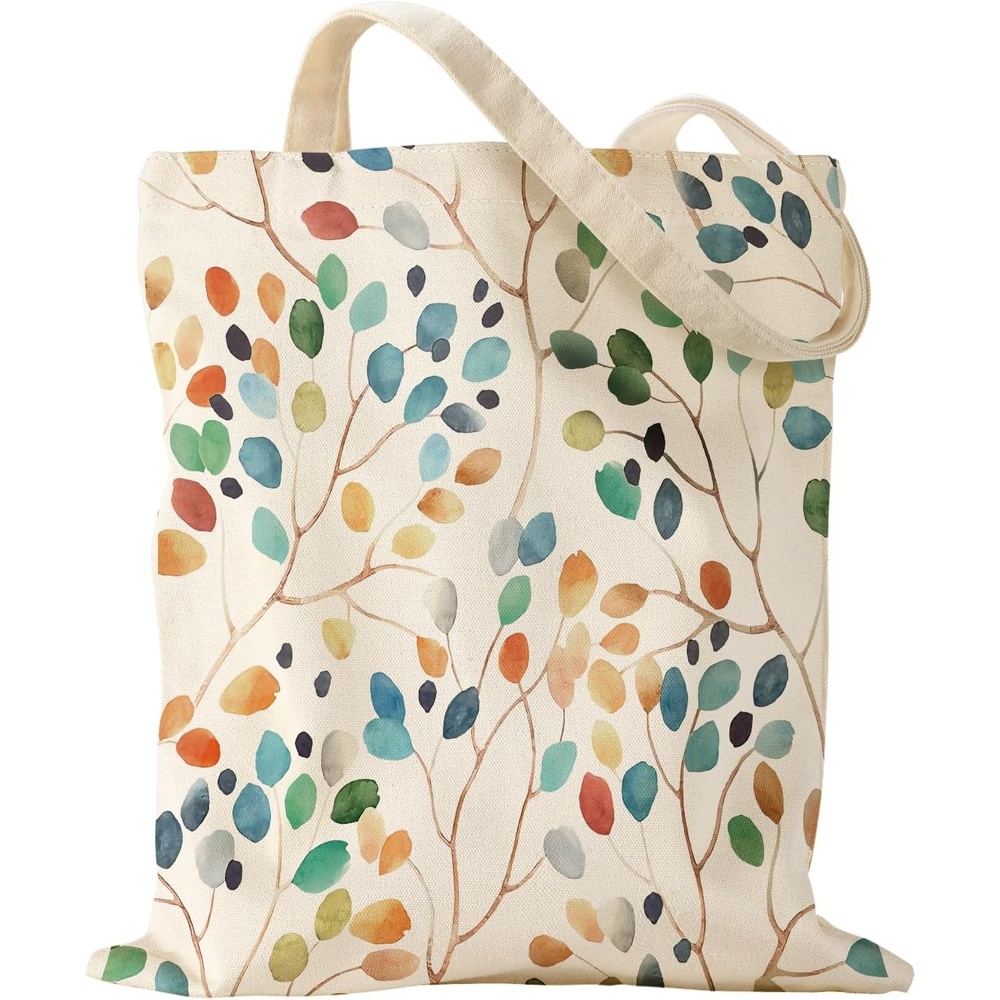 image:imageMiss Adola Aesthetic Canvas Tote Bag for Women Sturdy Cloth Cotton Totes Bag with Pattern Shoulder BagLeaves
