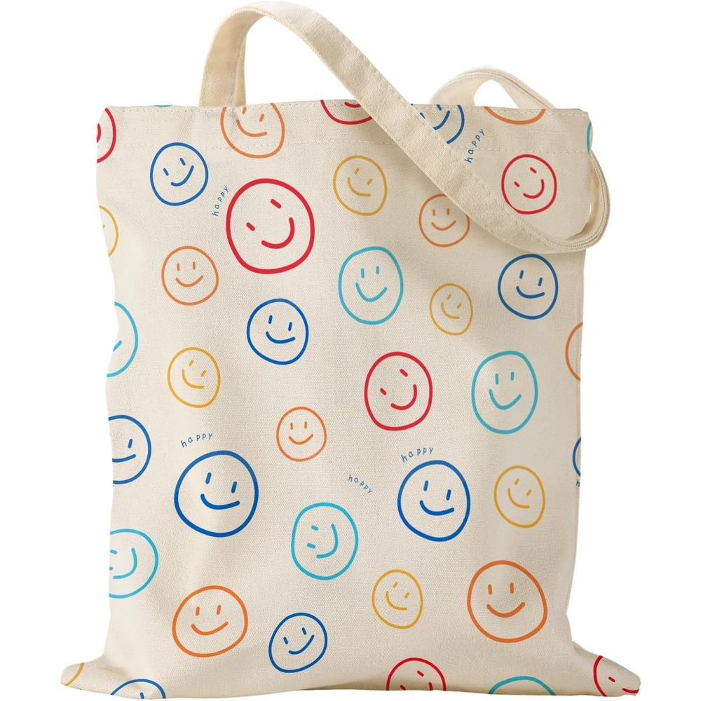 image:imageMiss Adola Aesthetic Canvas Tote Bag for Women Sturdy Cloth Cotton Totes Bag with Pattern Shoulder BagSmiling Face