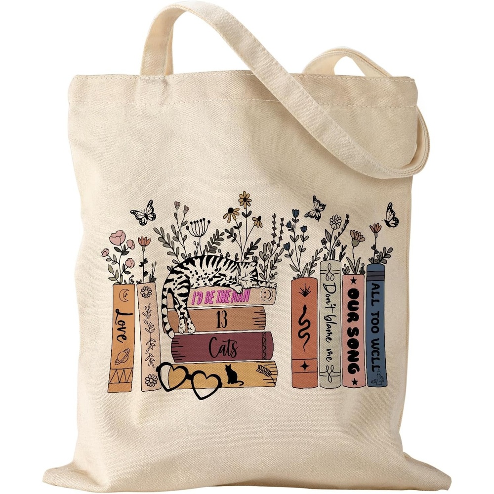 image:imageMiss Adola Aesthetic Canvas Tote Bag for Women Pattern Trendy Casual Music Inspired Cloth Totes Bag for ShoppingCat on Floral Books