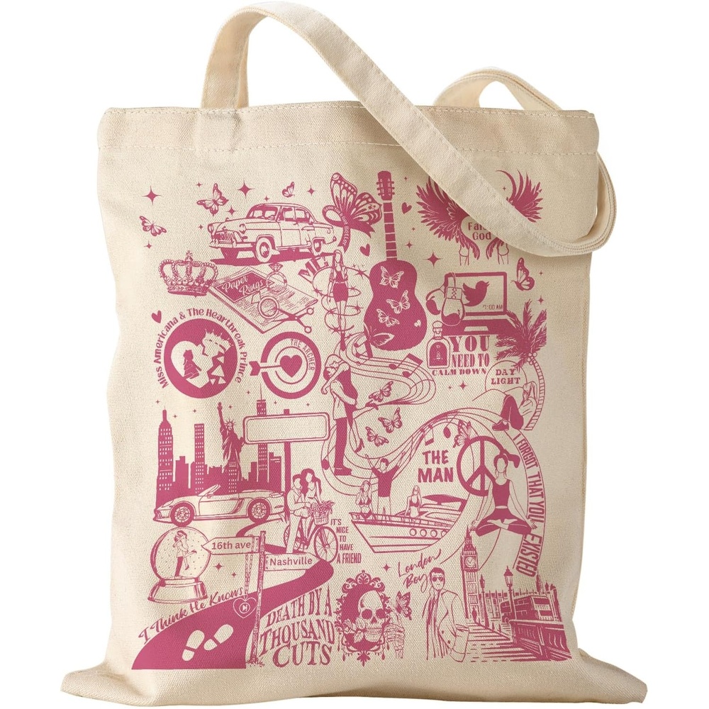 image:imageMiss Adola Aesthetic Canvas Tote Bag for Women Pattern Trendy Casual Music Inspired Cloth Totes Bag for ShoppingHappy Lovers