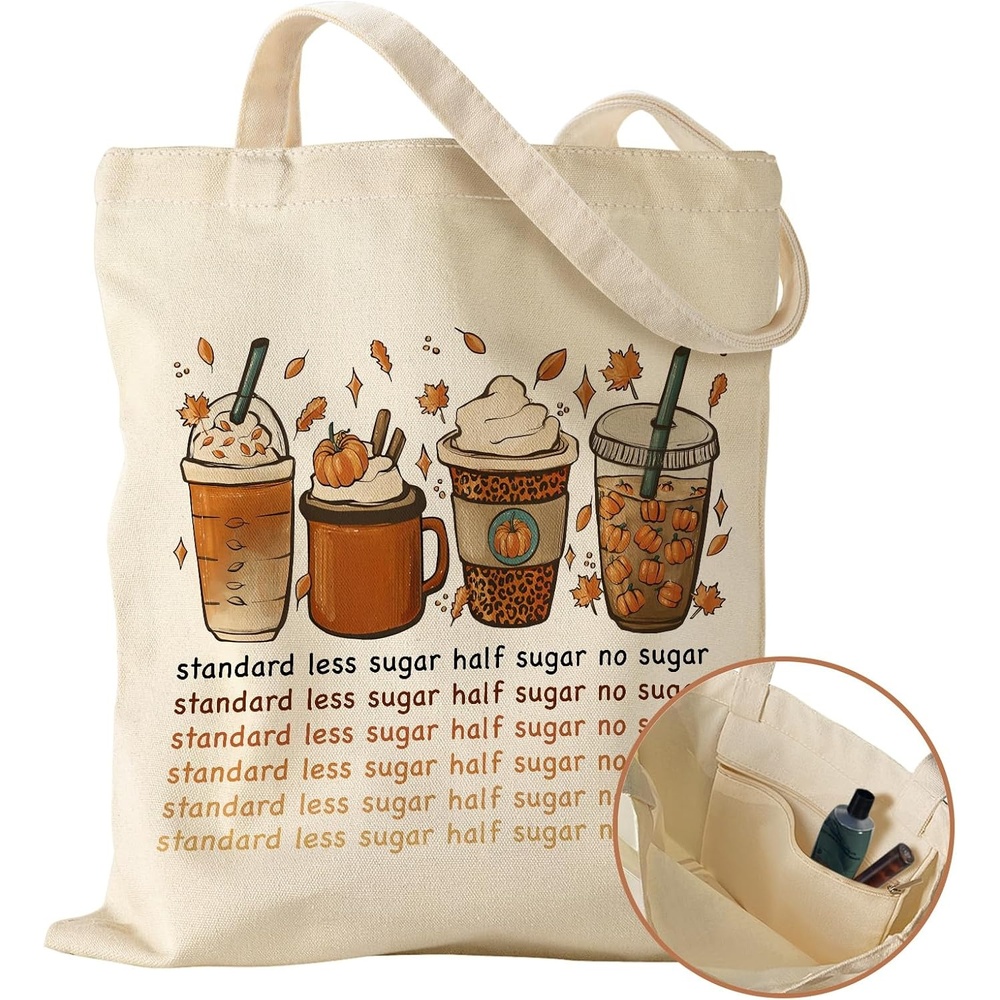 image:imageMiss Adola Aesthetic Canvas Tote Bag with Inner Pocket for Women Unique Funny Pattern Design Casual Sturdy Cloth Cotton Totes Bag with Pattern for Vacation Shopping Work Gym Latte Coffee