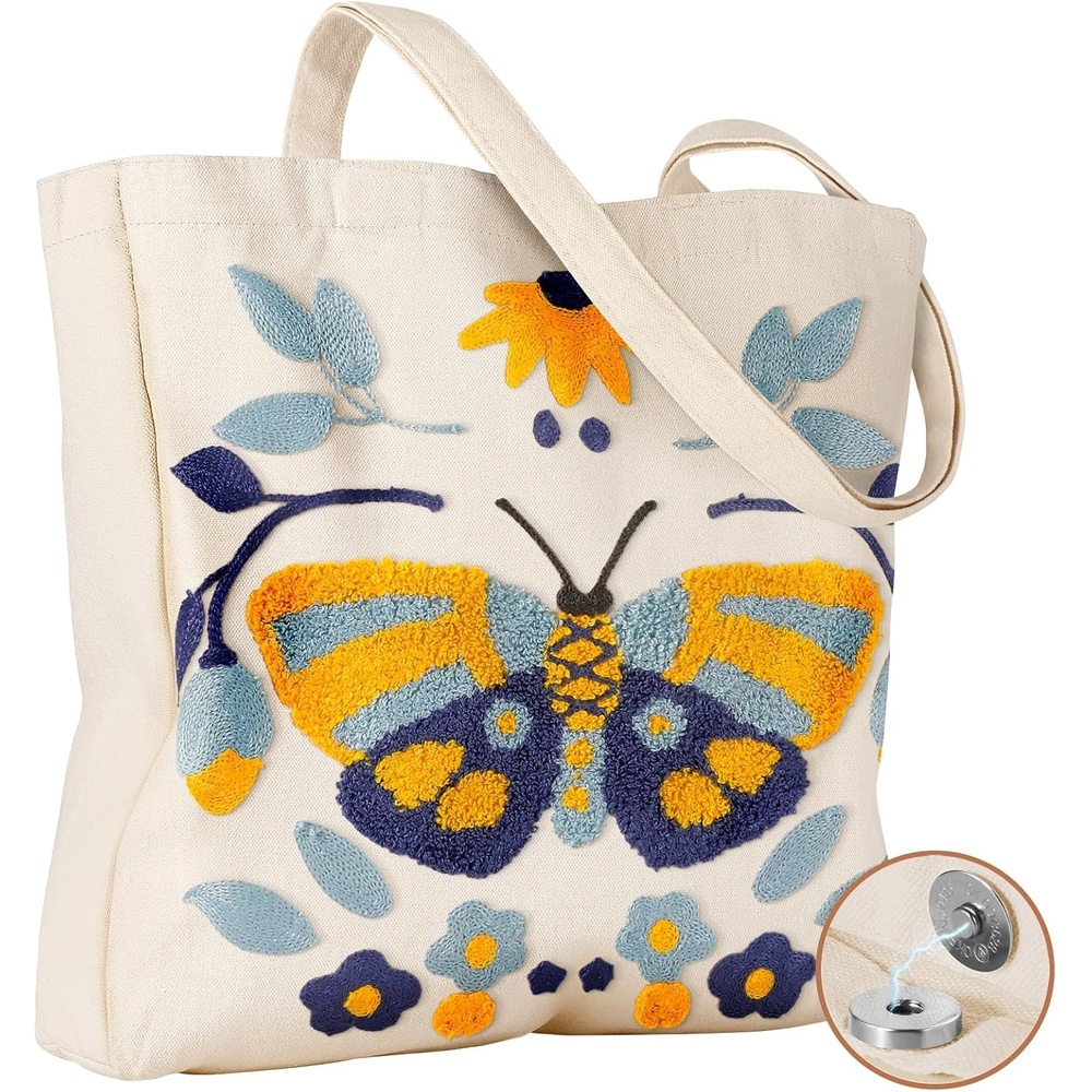 image:imageMiss Adola Aesthetic Embroidery Tote Bag for Women Reusable Canvas Cute Shoulder Bag for Shopping Grocery Work BookBlue Butterfly