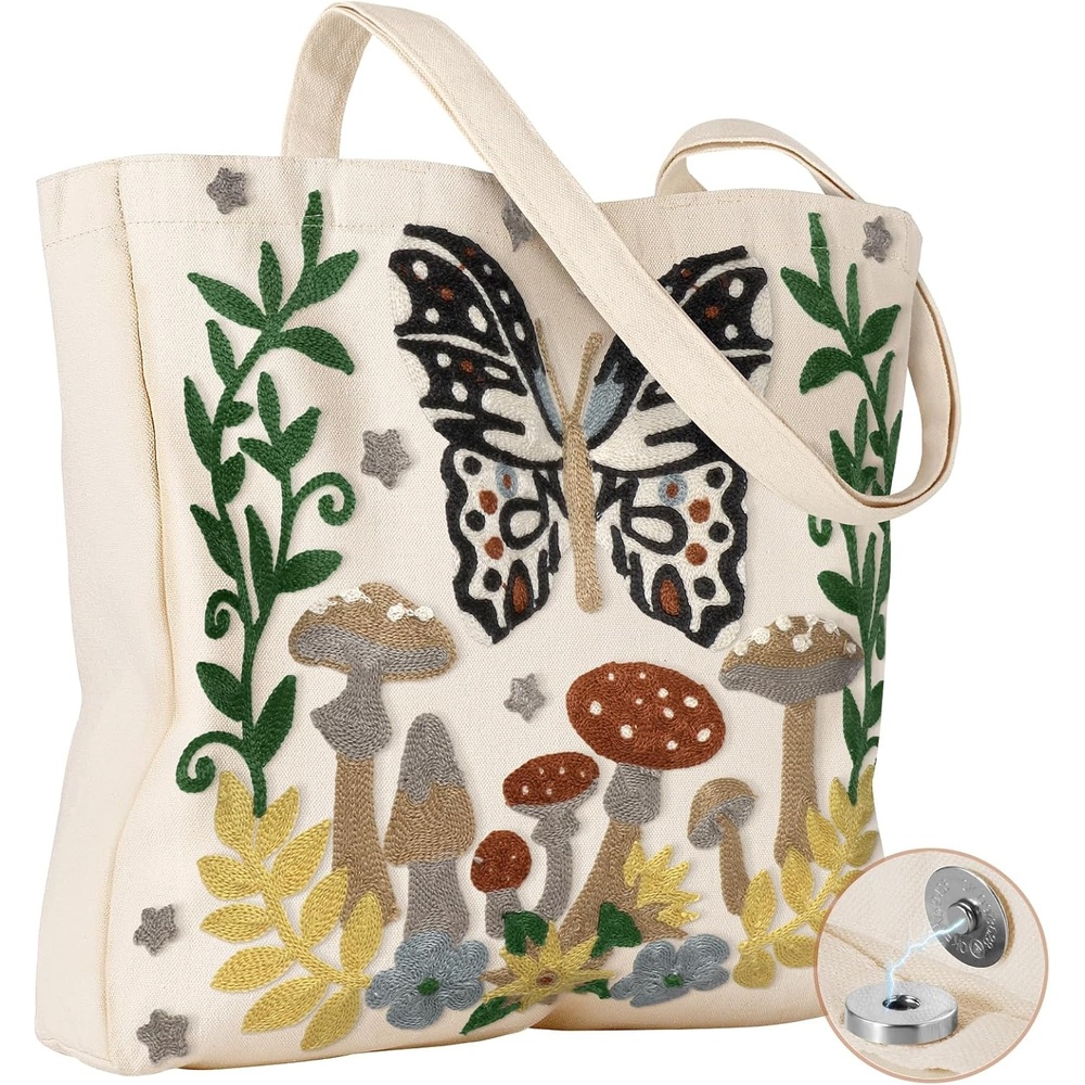 image:imageMiss Adola Aesthetic Embroidery Tote Bag for Women Reusable Canvas Cute Shoulder Bag for Shopping Grocery Work BookButterfly Mushroom