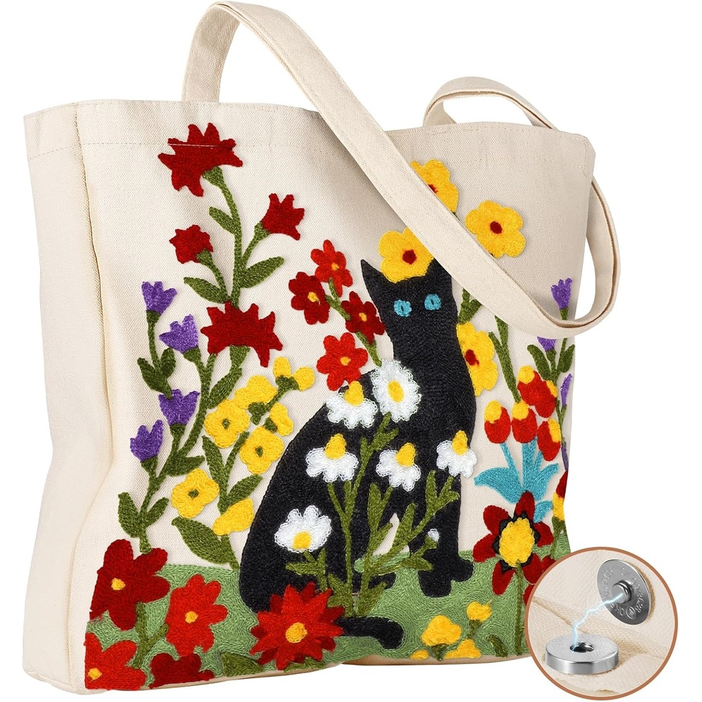 image:imageMiss Adola Aesthetic Embroidery Tote Bag for Women Reusable Canvas Cute Shoulder Bag for Shopping Grocery Work BookFlower Cats