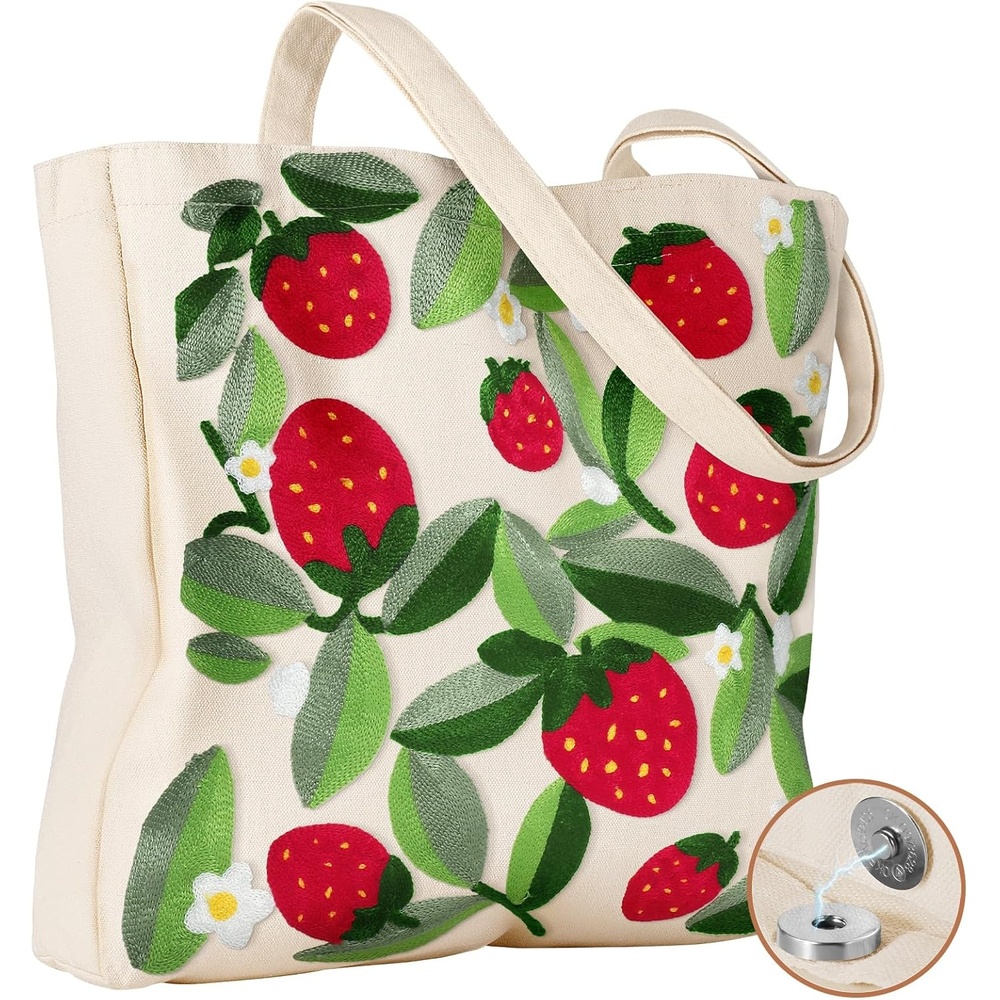 image:imageMiss Adola Aesthetic Embroidery Tote Bag for Women Reusable Canvas Cute Shoulder Bag for Shopping Grocery Work BookLeaf Strawberry