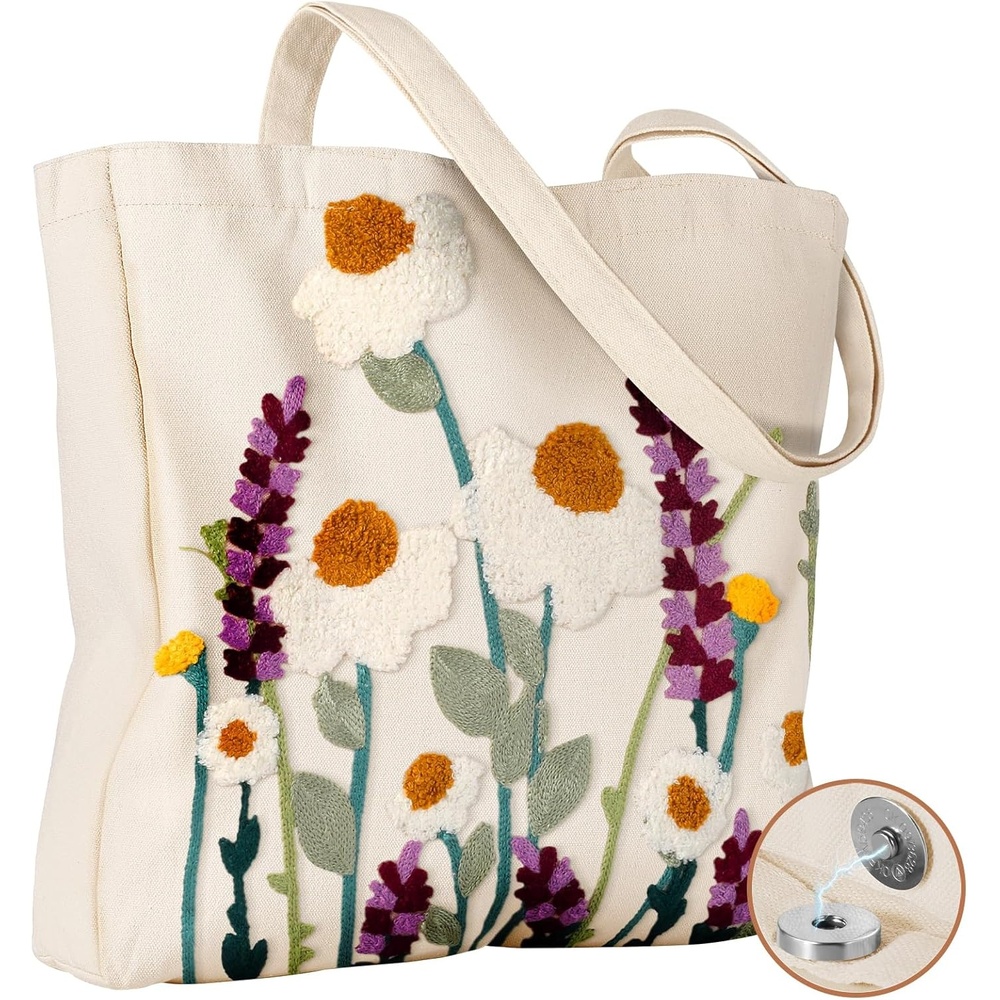 image:imageMiss Adola Aesthetic Embroidery Tote Bag for Women Reusable Canvas Cute Shoulder Bag for Shopping Grocery Work BookWild Flowers