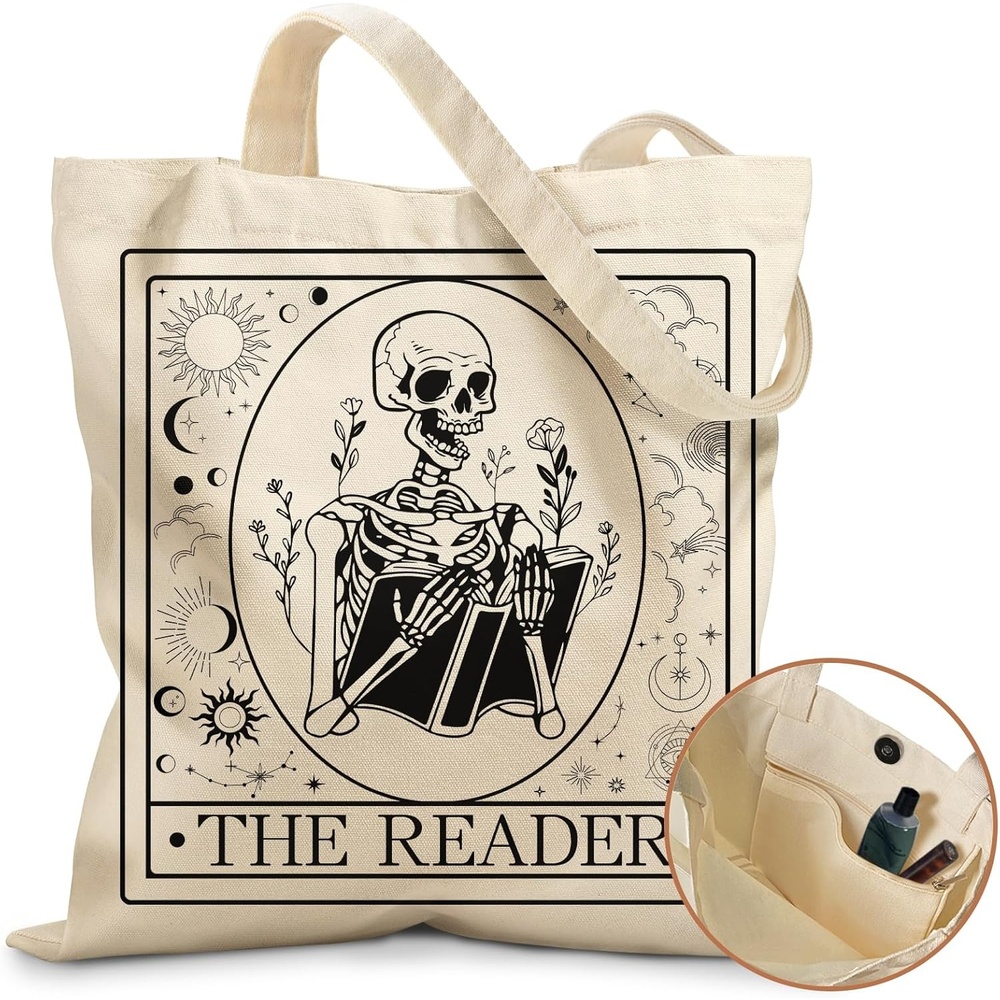 image:imageMiss Adola Aesthetic Tote Bag with Magnetic Buckle and Zipper Inner Pocket for Women Lady Cloth Cotton Tote Bag for Gym Work Travel Shopping Book Skull
