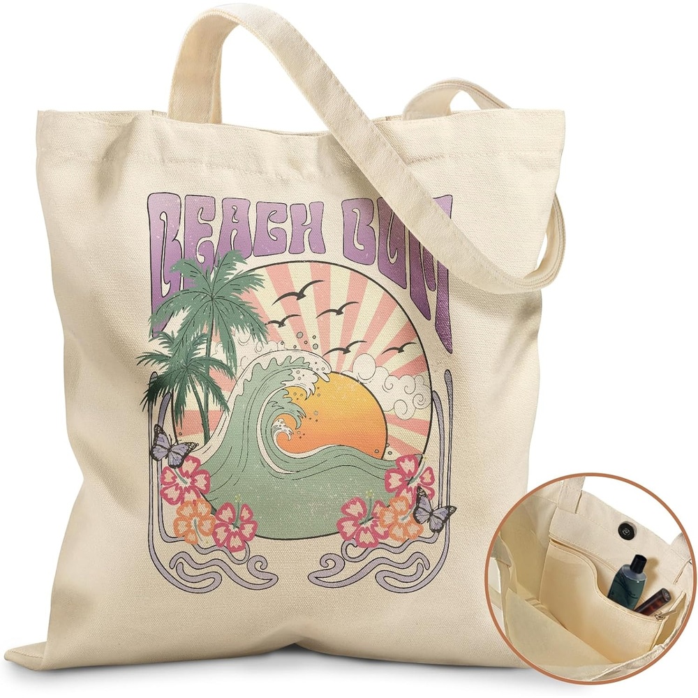 image:imageMiss Adola Aesthetic Tote Bag for Girls with Magnetic Buckle and Zipper Inner Pocket for Women Lady Canvas Cotton Tote BagBeach Sunset
