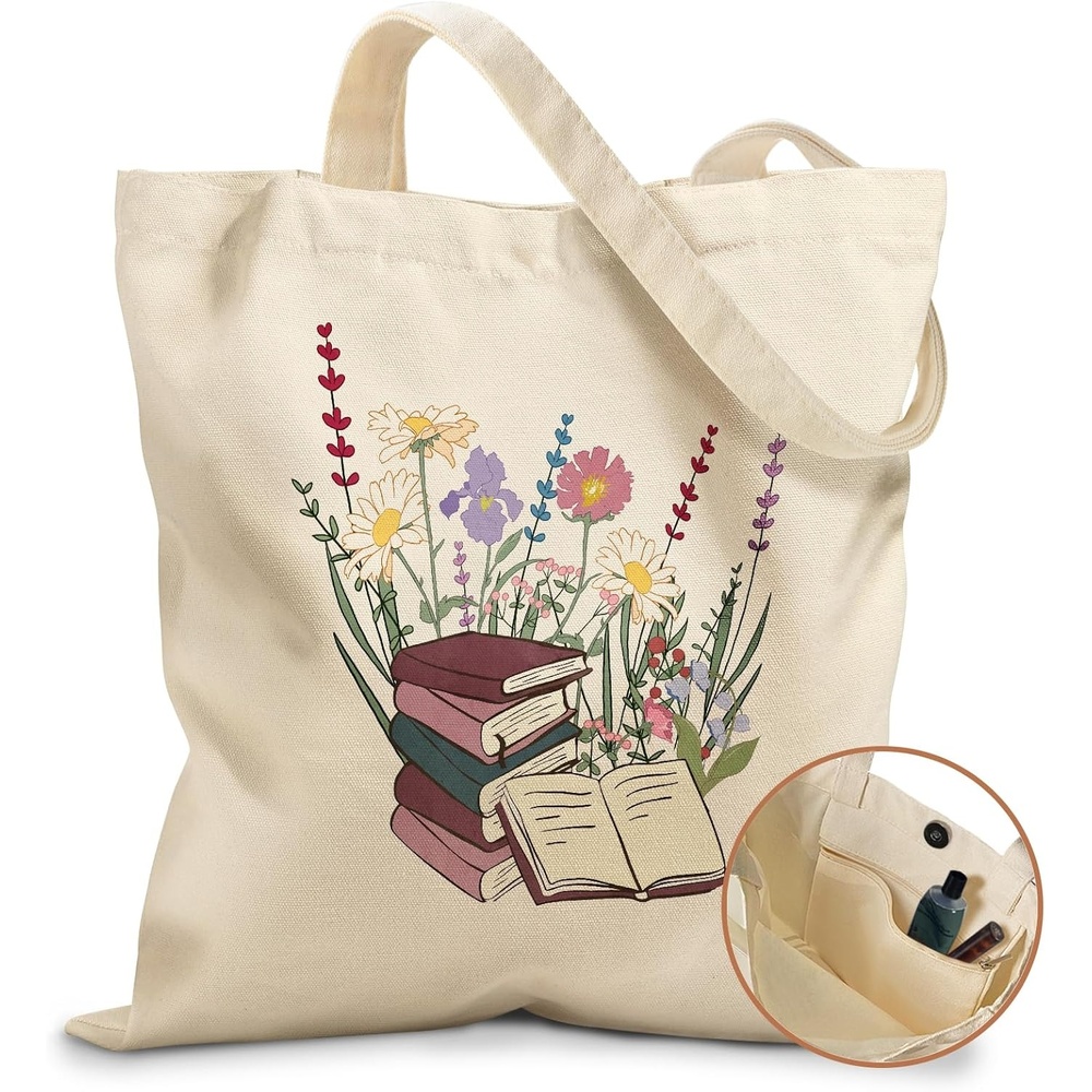 image:imageMiss Adola Aesthetic Tote Bag for Girls with Magnetic Buckle and Zipper Inner Pocket for Women Lady Canvas Cotton Tote BagBook Flower