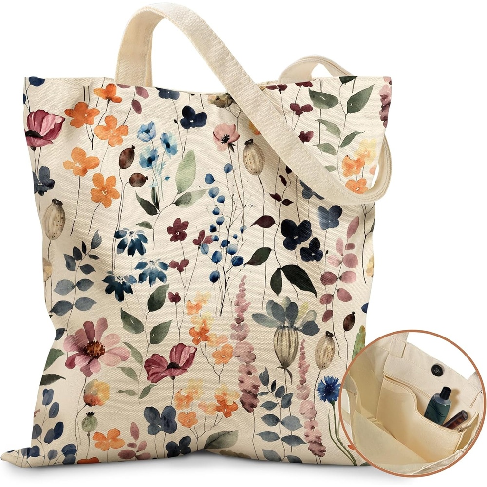 image:imageMiss Adola Aesthetic Tote Bag for Girls with Magnetic Buckle and Zipper Inner Pocket for Women Lady Canvas Cotton Tote BagColorful Leaf