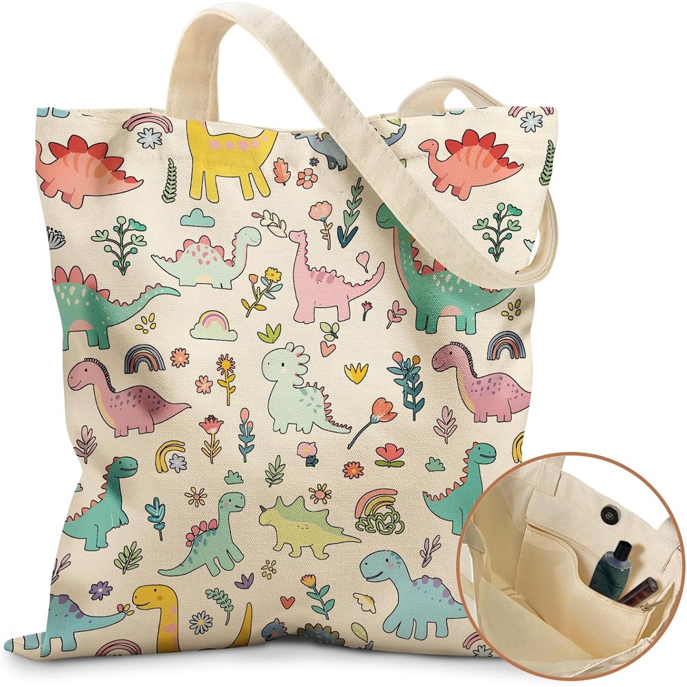 image:imageMiss Adola Aesthetic Tote Bag for Girls with Magnetic Buckle and Zipper Inner Pocket for Women Lady Canvas Cotton Tote BagDinosaur