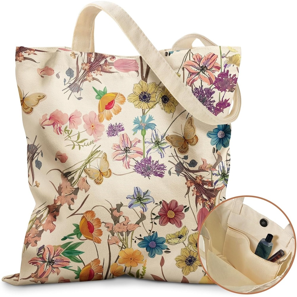 image:imageMiss Adola Aesthetic Tote Bag for Girls with Magnetic Buckle and Zipper Inner Pocket for Women Lady Canvas Cotton Tote BagFull Flower